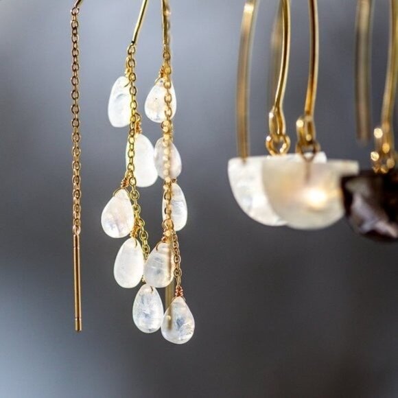 Lovely Rainbow Moonstone Threader Earrings Gemstone Dangle Earring June Birthday - Picture 7 of 12